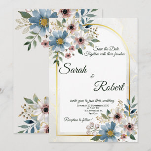 Blaue Schamröte-Blumenrahmen Elegante Hochzeitsein Einladung