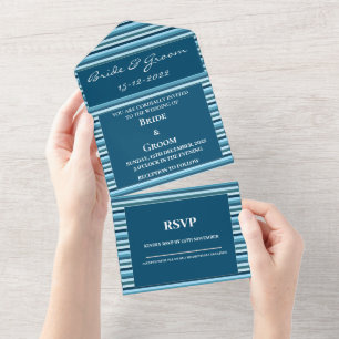 Blaue Schattierte Streifen Luxus-Hochzeit All In One Einladung