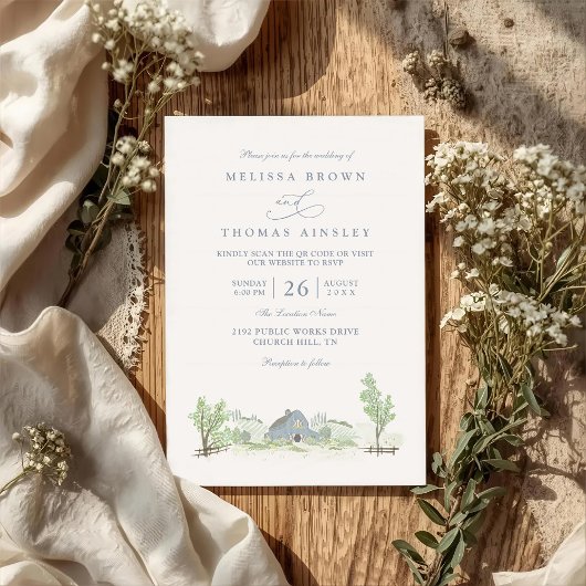 Blaue Scheune Land Rustikale QR-Code-Hochzeit Einladung