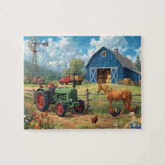 Blaue Scheune Traktor Pferd Farm Berg Szene Puzzle