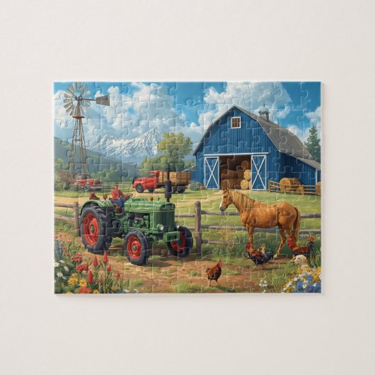 Blaue Scheune Traktor Pferd Farm Berg Szene Puzzle (Horizontal)