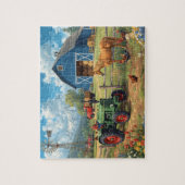 Blaue Scheune Traktor Pferd Farm Berg Szene Puzzle (Vertikal)
