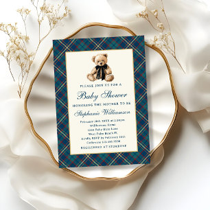 Blaue schicke Karo Vintage Teddybär Babyparty Einladung
