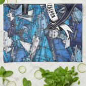 Blaue Schiffe und Name des Ankerboots Geschirrtuch (Gefaltet)