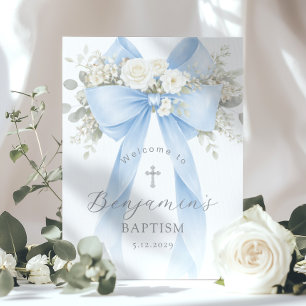 Blaue Schleife Baby Junge Taufe Elegante Begrüßung Poster