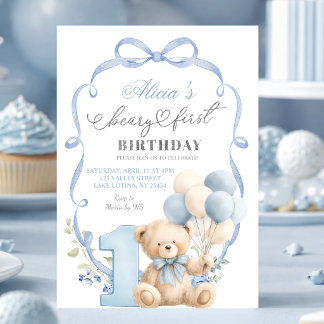 Blaue Schleife Coquette Beary Erster Geburtstag Einladung