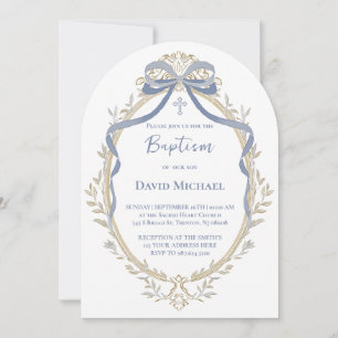 blaue Schleife elegante beige Rahmung Taufe Einladung
