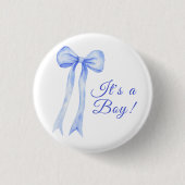 Blaue Schleife Es ist ein Junge Baby-Party Button (Vorderseite)
