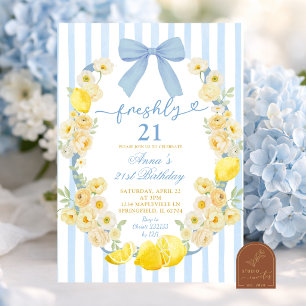Blaue Schleife Floral Zitrone Frisch 21 Geburtstag Einladung