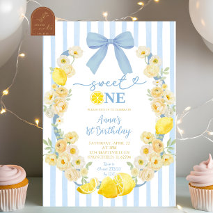 Blaue Schleife Floral Zitrone Sweet One 1. Geburts Einladung