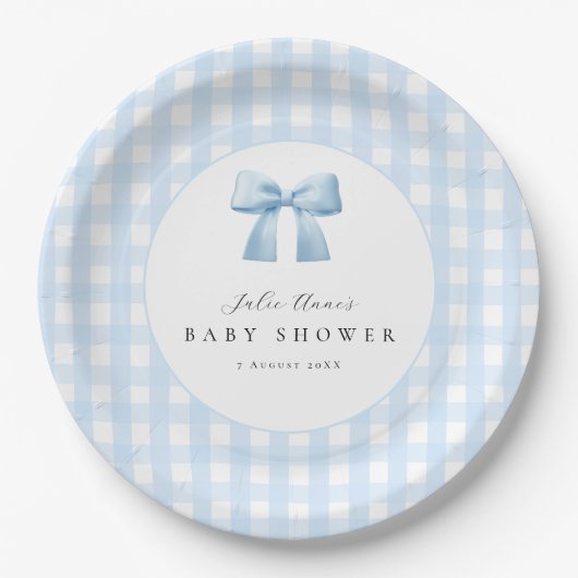Blaue Schleife Gingham Baby Shower Papier Teller (Vorderseite)