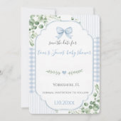 Blaue Schleife Gingham Baby Shower Save the Date (Vorderseite)