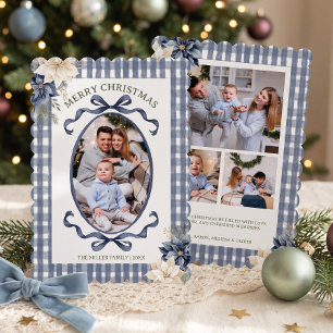 Blaue Schleife Gingham Familienfoto Weihnachten