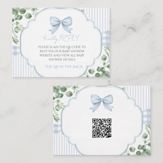 Blaue Schleife Gingham Grün QR Code RSVP Mitteilungskarte (Vorne/Hinten)