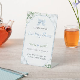 Blaue Schleife Gingham Grünzeug Baby Shower Sockelschild