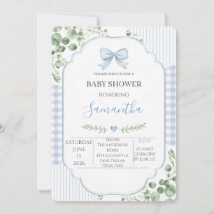 Blaue Schleife Gingham Grünzeug Junge Baby-Party Einladung