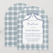 blaue Schleife Gingham-Muster Taufe Einladung (Vorne/Hinten)