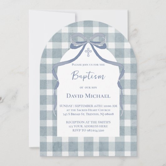 blaue Schleife Gingham-Muster Taufe Einladung (Vorderseite)