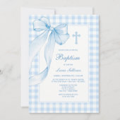 Blaue Schleife Gingham Tauf Einladung (Vorderseite)