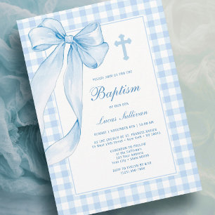 Blaue Schleife Gingham Tauf Einladung