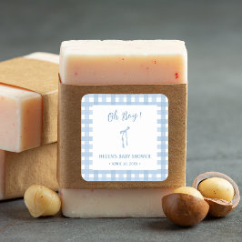 Blaue Schleife, karierte Jungs, Baby-Dusche Quadratischer Aufkleber