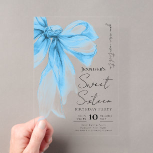 Blaue Schleife Kokette Schrift Süße 16-Party Acryleinladungen