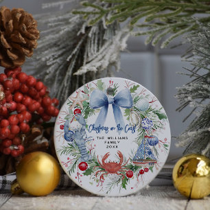 Blaue Schleife Küsten-Weihnachtsfoto Keramik Ornament
