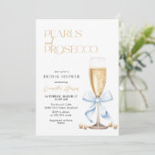Blaue Schleife Perlen & Prosecco Einladung (Stehend Vorderseite)