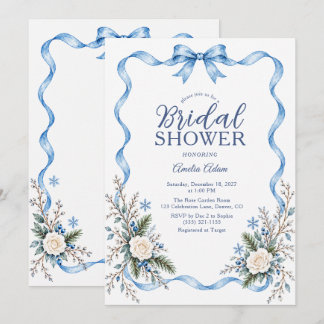 Blaue Schleife Schnee Winter Blumen Hochzeitsdusch Einladung