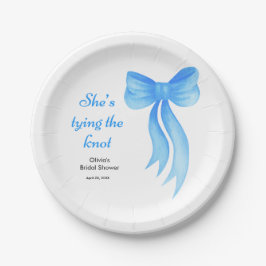 Blaue Schleife Sie knüpft den Knoten Junggesellinn Pappteller