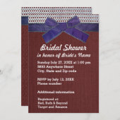 Blaue Schleife, Spitze, rotes Burlap-Brautparty Einladung (Vorne/Hinten)