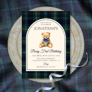 Blaue Schleife Teddy Bär Tartan Geburtstag Einladung