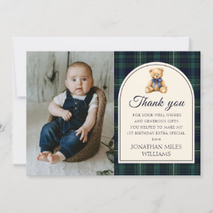 Blaue Schleife Teddy Bär Tartan Geburtstagsfoto Dankeskarte