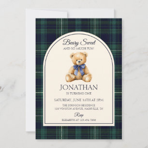 Blaue Schleife Teddybär Tartan Geburtstag Einladung