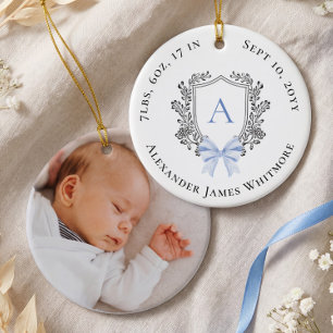 Blaue Schleife Wappen Baby Monogramm Geburtsstatis Keramik Ornament