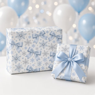 Blaue Schleife Winter Wonderland Schneeflockenmust Geschenkpapier