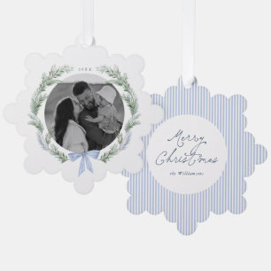 Blaue Schleifen-Kranz Botanische Weihnachts-Foto Ornament Karte