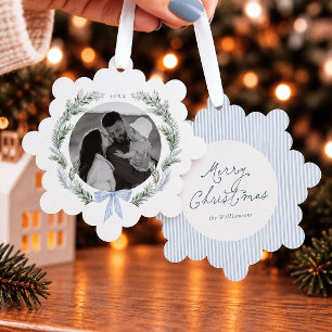 Blaue Schleifen-Kranz Botanische Weihnachts-Foto Ornament Karte