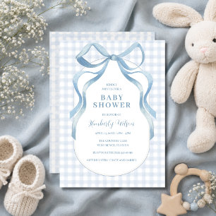 Blaue Schleifen-Schottenmuster-Baby-Party  Einladung