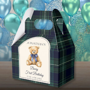 Blaue Schleifen-Teddybär-Tartan-Geburtstag im Prep Geschenkschachtel