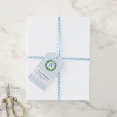 Blaue Schleifen-Weihnachtskranz Gingham Geschenkanhänger (Mit Garn)
