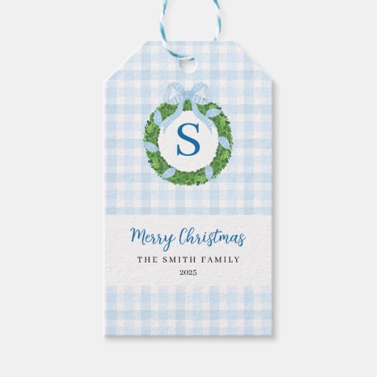 Blaue Schleifen-Weihnachtskranz Gingham Geschenkanhänger (Vorderseite)