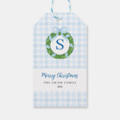 Blaue Schleifen-Weihnachtskranz Gingham Geschenkanhänger (Rückseite)