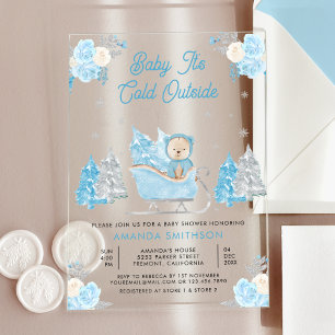 Blaue Schlitten Süße Teddybär-Baby-Party Acryleinladungen