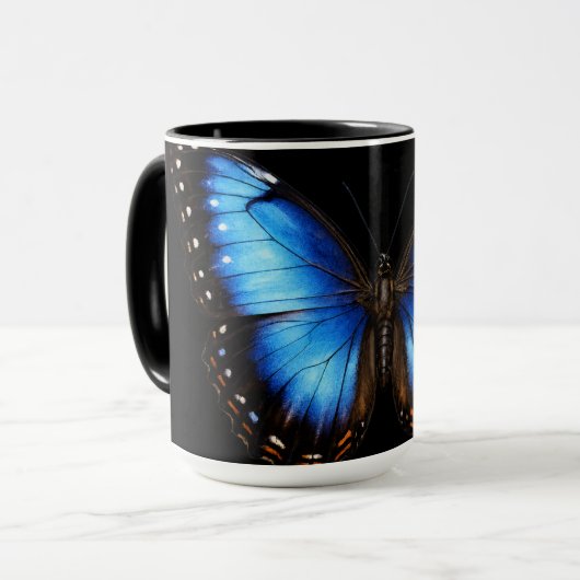 Blaue Schmetterling-Schwarze Kaffeetasse (Vorderseite Links)