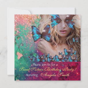 BLAUE SCHMETTERLING SÜSSE 16 PARTY MONOGRAMM, GOLD EINLADUNG