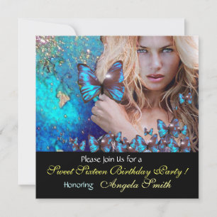 BLAUE SCHMETTERLING SÜSSE 16 PARTY MONOGRAMM, GOLD EINLADUNG