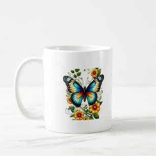 Blaue Schmetterling-Tasse & Farbige Blumen – Fließ Kaffeetasse