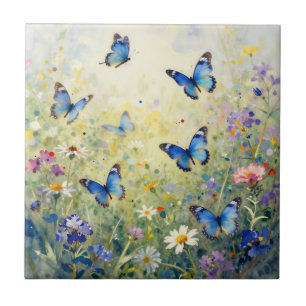 Blaue Schmetterlinge Aquarell Wildblumenwiese Fliese