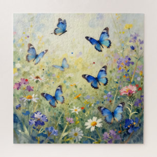 Blaue Schmetterlinge Aquarell Wildblumenwiese Puzzle
